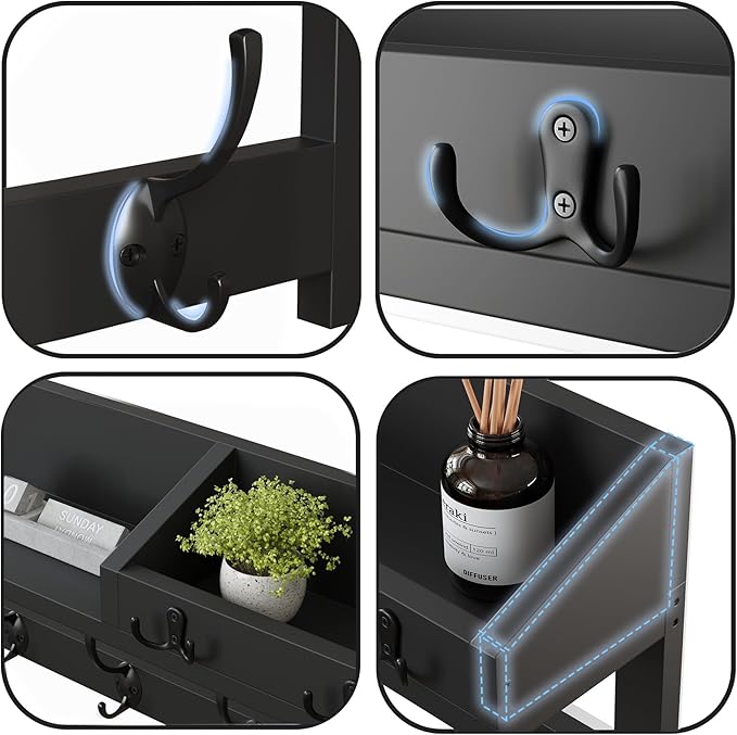AMBIRD Wall Hooks with Shelf, 26.57 Inch Entryway Wood Coat Hooks for Wall, Coat Rack Wall Mount Rack with 5 Dual Hooks 3 Key Hooks Mail Organizer and Key Rack Key Holder (Black)