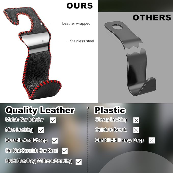 EldHus Car Seat Hooks for Purses and Bags, 4 Pack Car Purse Holder for Grocery Bag Handbag Clothes, Metal Headrest Hooks Covered by Leather, Black Red