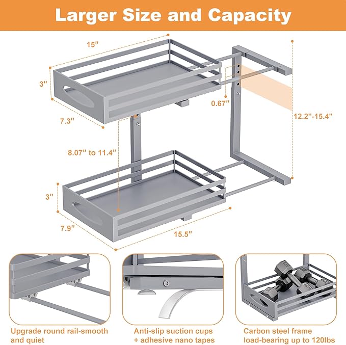 Under Sink Organizer, 2 Tier Under Sink Organizers and Storage, Adjustable Height, Slide out Metal Cabinet Organizers, Pull out Cabinet Storage Drawer Shelf for Kitchen Bathroom Gray 2Pack