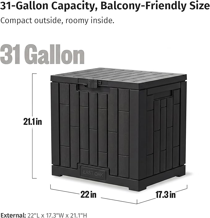 EAST OAK 31 Gallon Outdoor Storage Box, Waterproof Deck UV-Resistant Resin Bin for Patio Cushions, Garden Tools, Pool Accessories & Package, Lockable Wind-Resistant Lid, Steel-Reinforced, Black