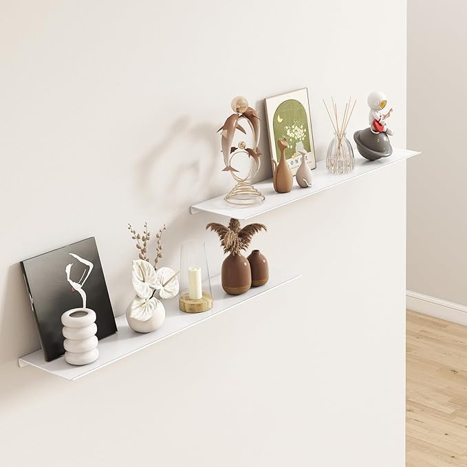 MKO 20" Floating Shelves for Wall, Long Metal Wall Mounted Shelf for Bathroom, Bedroom, Living Room, Kitchen, Display Hanging Shelves for Books/Storage/Room Decor 2 Packs, White