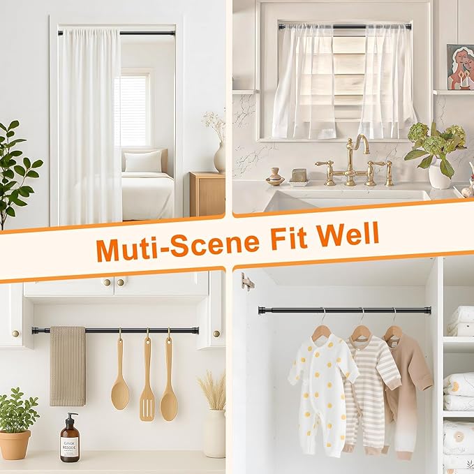 Tension Curtain Rod 26 to 48 Inch Adjustable Tension Rods 4 Pack Expandable Spring Tension Rod Black No Drilling for Closet Kitchen Cupboard Wardrobe Door Bookshelf DIY Projects