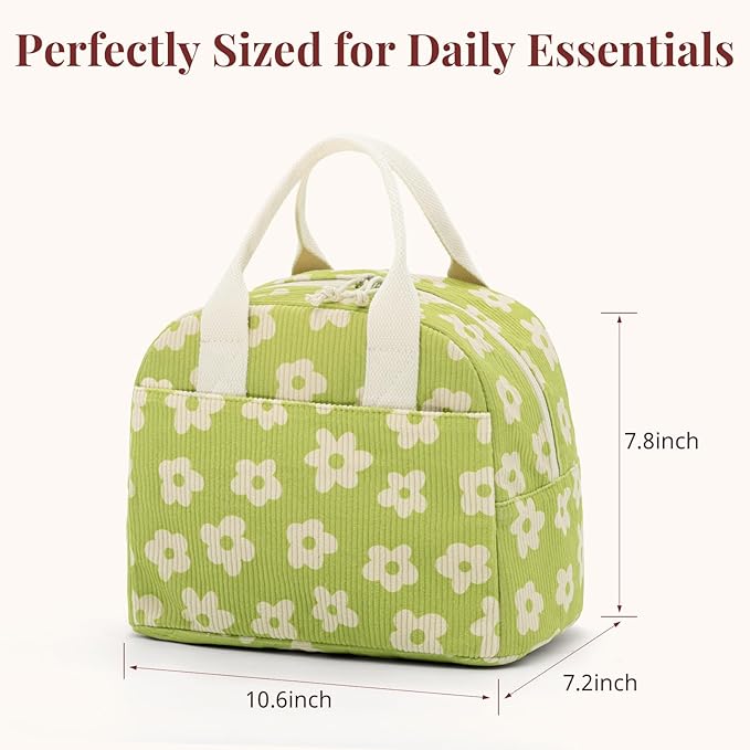 LOVELYWIND Insulated Floral Lunch Bag for Women, Stylish Corduroy Tote with Aluminum Lining, Large Capacity Reusable Cooler for Work, Travel, Beach or Picnic, Creamy Floral Water-Resistant Lunch Box