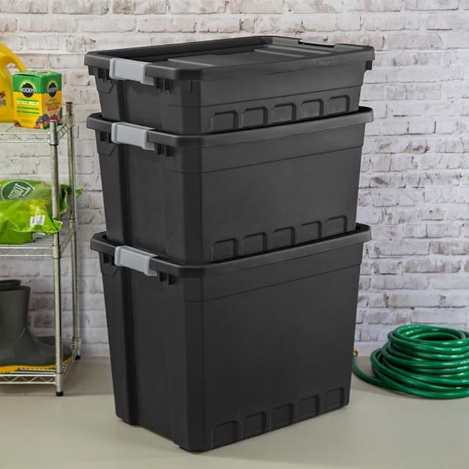 Sterilite 6-Pack 10 Gallon Stacker Tote, Rugged Plastic Storage for Home Organization, Black - Stackable Organizer Bins with Recessed Lid & Heavy-Duty Latches for Closet, Basement, Garage and Attic