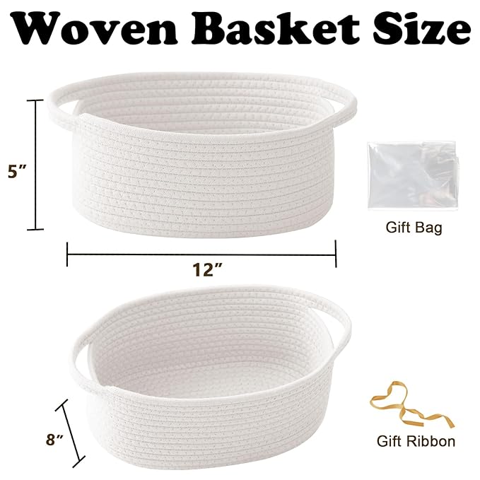 3 Pack Small Woven Rope Basket-Empty Gifts Basket with Bag and Ribbons,Cute Handle Organizer Box for Birthday/Baby Shower, Toy Storage, Nursery Organizing & Shelf Decor(White)