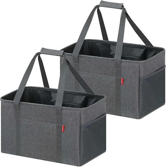 LHZK 2 Pack Utility Tote Bag with Metal Wire Frame and the Sides Rinforced, Large Tote Bag with Handle, Reusable Grocery Bags Foldable, Beach Bag, Car Tote (Grey, 18.5''x11.8''x11.5'')