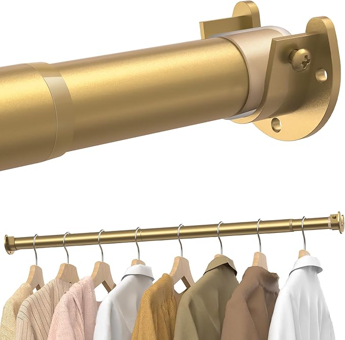 Closet Rods for Hanging Clothes, 17 to 84 Inches Stepless Adjustable Metal Closet Rod, 1.3 Inches Heavy Duty Clothes Hanging Rod for Closet Wardrobes Laundry RV, Golden