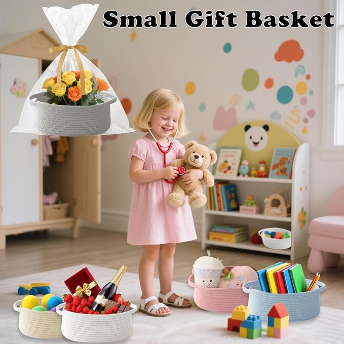 Small Woven Rope Basket-Empty Gifts Basket with Bag and Ribbons,Cute Handle Organizer Box for Birthday/Baby Shower, Toy Storage, Nursery Organizing & Shelf Decor(Grey)