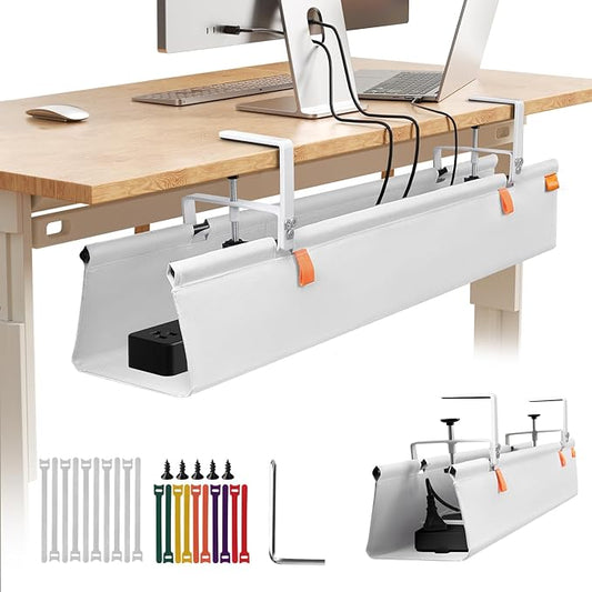 No Drill Under Desk Cable Management Tray, 36" Cord Organizer with Clamp, Fabric Cable Management for Standing Desks, Ideal for Home & Office - White