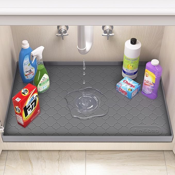 Jin&Bao Waterproof Under Sink Mat 37" x 19", Thick Silicone Mat Cabinet Protector for Kitchen and Bathroom, Shelf Liner, Home Organizer and Storage, Multipurpose Tray for Gadgets and Essentials