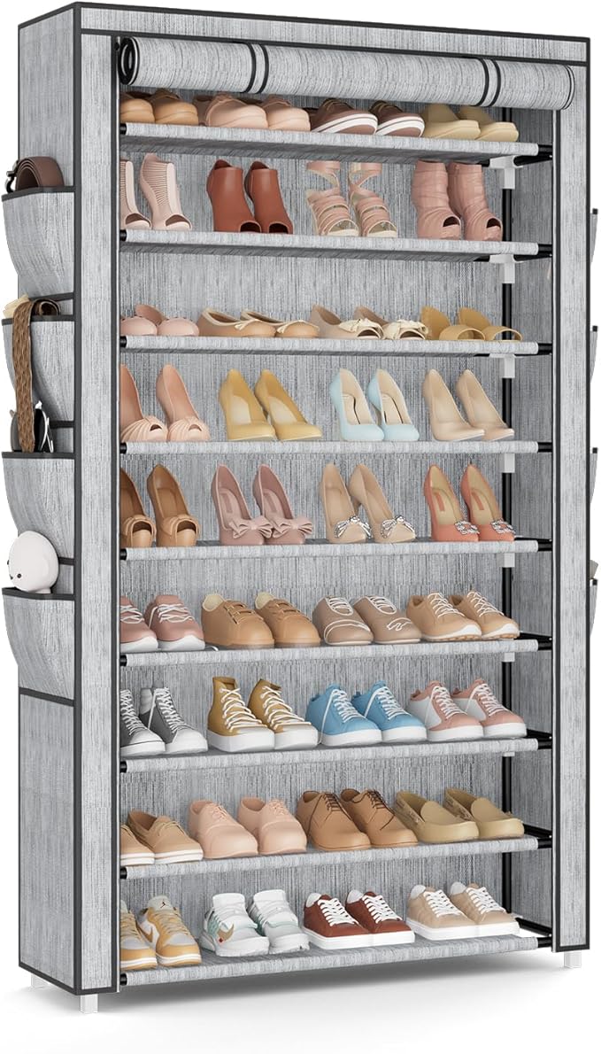 Shoe Rack with Cover, 10 Tier Shoe Organizer Storage for 40-50 Pairs Sneaker and Boots, Large Capacity, with 8 Pockets, Free Standing Tall Shoe Rack for Front Door Entrance, Closet, Printing
