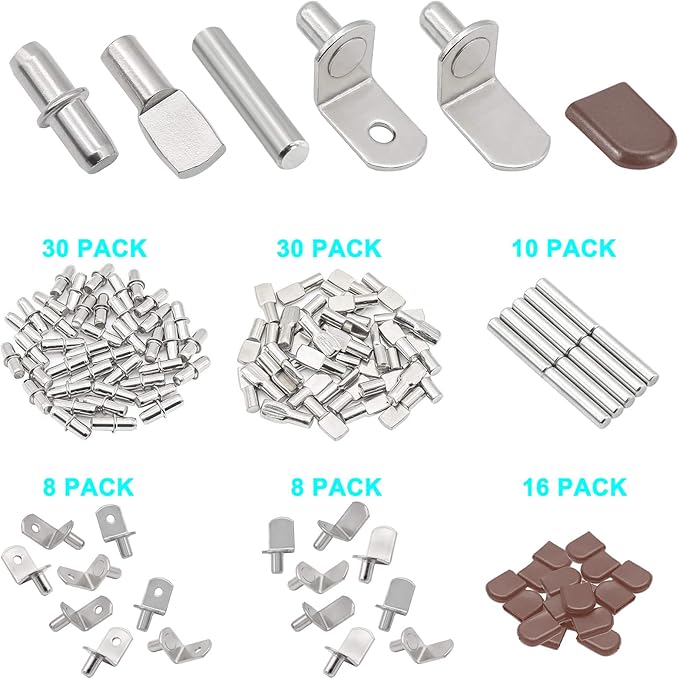 102Pcs Shelf Pins Pegs Kit,6 Styles Nickel Plated Shelf Support Pegs,Bookshelf Pegs for Shelves,L-Shaped Clips with Rubber Sleeve,Shelf Pins Holders for Furniture Glass Corner & Closet(5mm & 1/4inch)