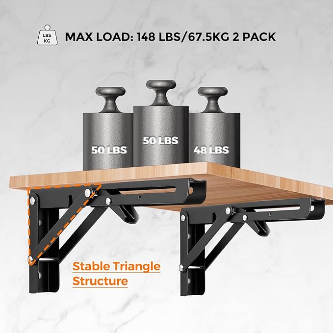 Ravinte 2 Pack 10 Inch Folding Shelf Brackets – Matte Black, Heavy Duty Collapsible Brackets for Tables and Benches – Space-Saving Design