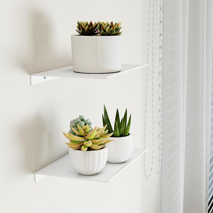 MKO 8" Small Floating Shelves for Wall, Metal Wall Mounted Shelf for Bathroom, Bedroom, Living Room, Kitchen, Little Hanging Shelves for Books/Storage/Room Decor 2 Packs, White