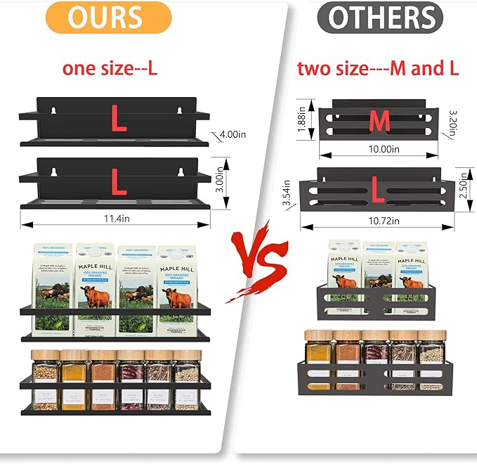 SMRCAD Magnetic Spice Rack for Refrigerator, 4pack Magnetic Shelf for Fridge Space Saving Seasoning Organizer for Any Metal Surface No Drilling Needed (4pack-Black)
