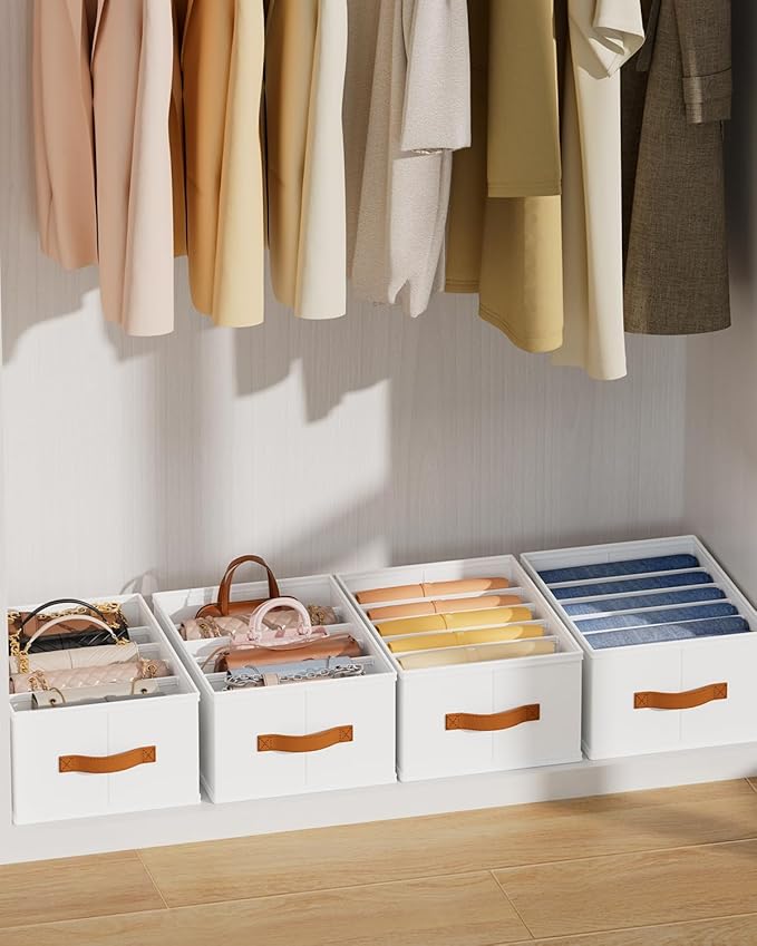 Homsorout Purse Organizer for Closet, Fabric Handbag Storage Organizer with Handles, Foldable Bag Organizer Drawer for Flat Handbags, Clothes, Towels or Pants, Closet Storage Organizer, White, 6 Pack