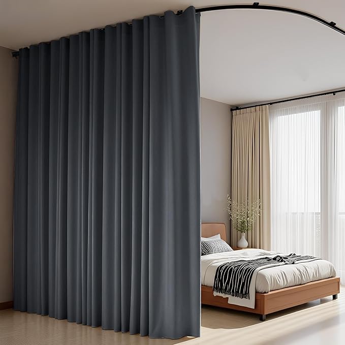 Room Divider Curtains Flexible Ceiling Tracks Set Curtain Track Ceiling Mount Blackout Curtain for Bedroom Living Room Ceiling Curtain Rod Privacy Dividers Panels W100 x H84 Grey Drape & Black Rail