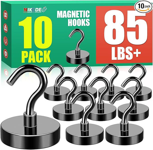 MIKEDE Black Magnetic Hooks 85Lbs Heavy Duty Earth Magnets with Hooks for Cruise Cabin Strong Magnet Hooks for Hanging Super Metal Magnetic Hanger for Grill Fridge Kitchen - Pack of 10