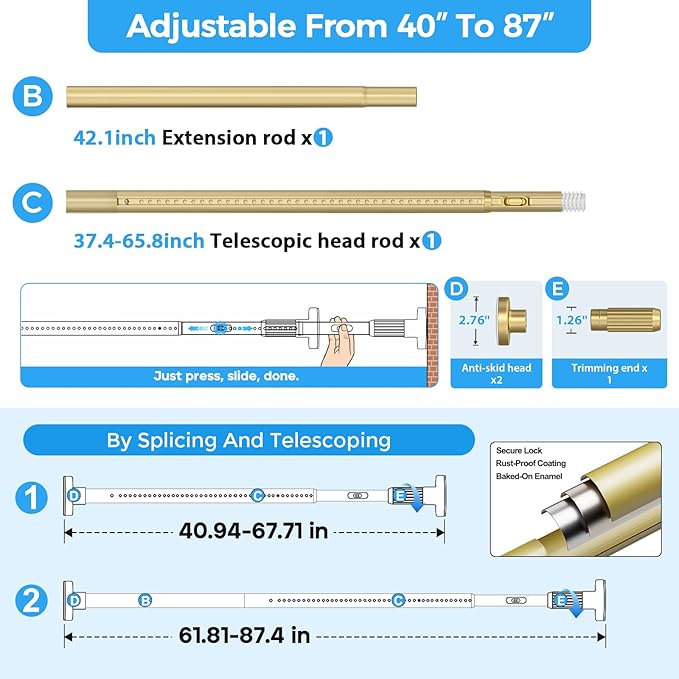 AIZESI 41-86 Inch Heavy Duty Gold Tension Curtain Rod - No Drilling, Adjustable, Rust-Proof for Outdoor, Living Room, Bathroom