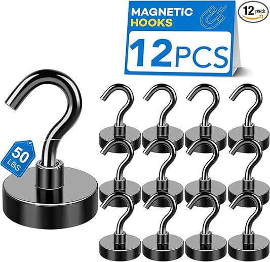 LOVIMAG Magnetic Hooks, 50lbs+ Magnets Hook 2026 Cruise Cabin Ship Essentials Heavy Duty Black Strong Magnet Refrigerator Fridge Hanging for Classroom Beach Vacation Kitchen Grills Home 12 Pack