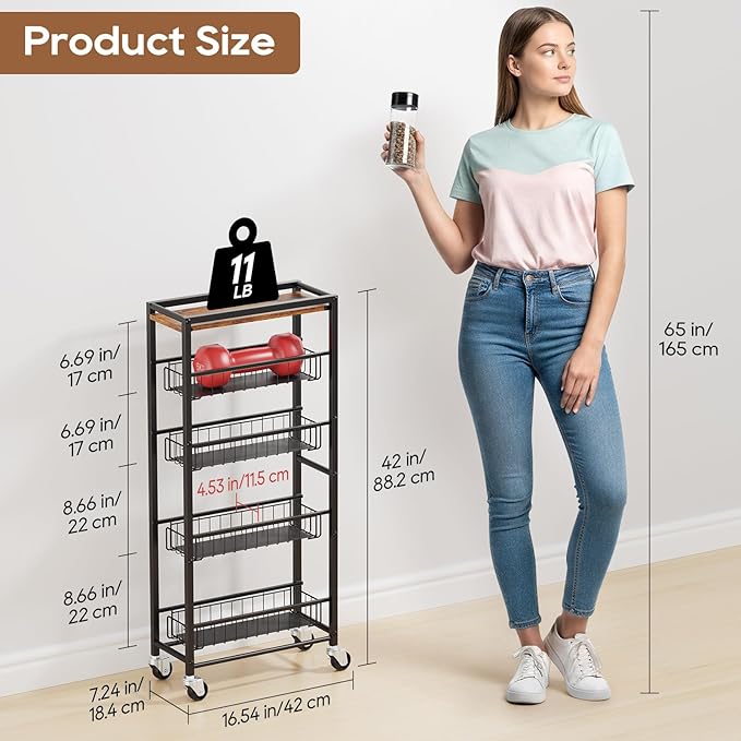Slim Rolling Cart Kitchen Utility Cart, Narrow Kitchen Cabinet with 4 Pull-Out Baskets - Versatile Rolling Storage Cart for Spices, Pantry & Bathroom Organization (Dark Black)