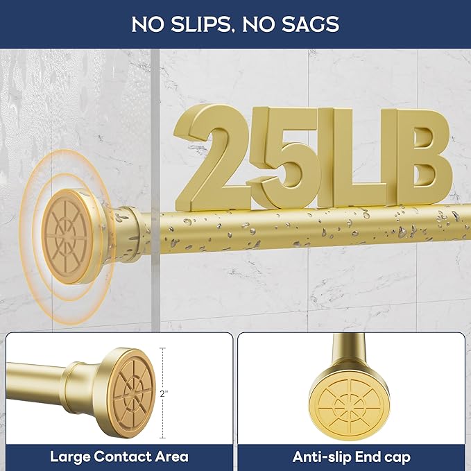 Adjustable Shower Curtain Rod 31-80 Inch, Never Rust Stainless Steel Gold Tension Rod, 1" Heavy Duty No-Drill for Bathroom, Kitchen & Closet