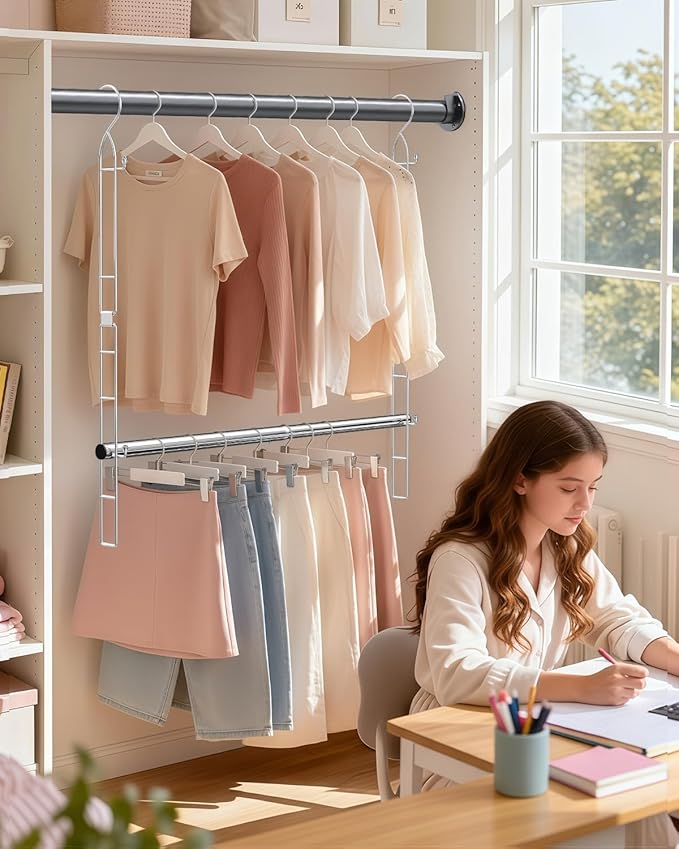 Hanging Closet Rod Stainless Steel, 2 Pack Adjustable Height & Width Closet Rod Extender, Space-Saving Closet Hanging Storage Organizer，Load up to 88LB