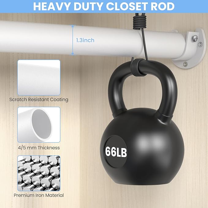 Closet Rods for Hanging Clothes, 17 to 99 Inch Heavy Duty Stepless Adjustable Closet Hanging Rod, 1.3 Inch Diameter Metal Closet Rod for Wardrobes Laundry Bedroom RV, White