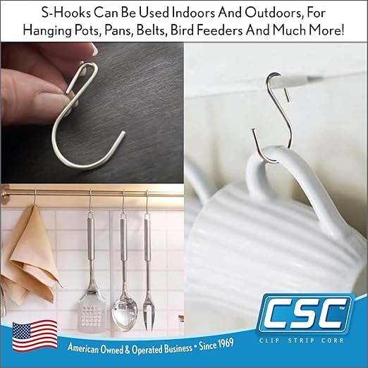 Clip Strip 100 Pack S Hooks for Hanging Displays in Retail, 1.8125" L, Open Ended Version, Use at Home Hanging Jewelry, Kitchenware, Keys, SH-50