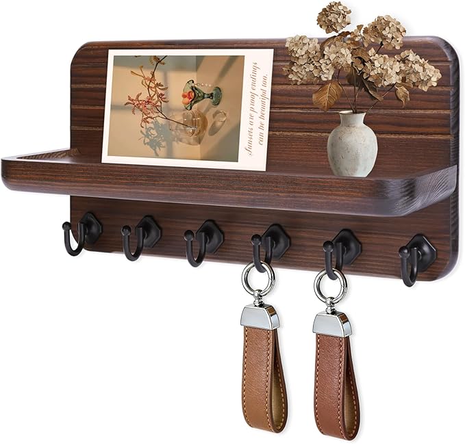 Key Holder for Wall, Mail Organizer Wall Mount with 6 Hooks Wooden Hanging Key Rack for Home Decor, Hallway, Entryway (Brown)
