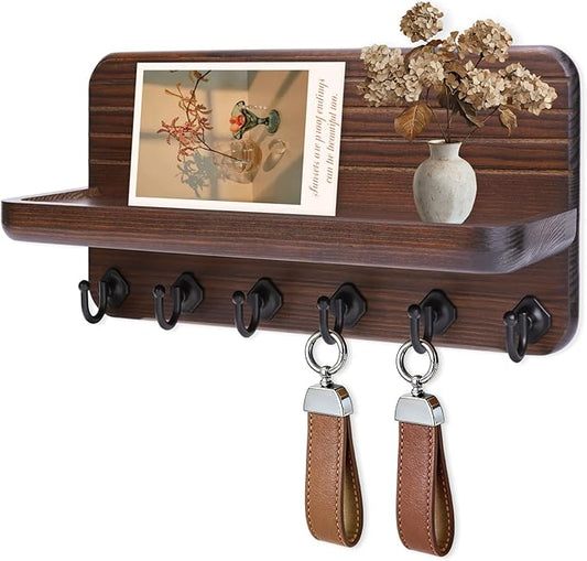 Key Holder for Wall, Mail Organizer Wall Mount with 6 Hooks Wooden Hanging Key Rack for Home Decor, Hallway, Entryway (Brown)