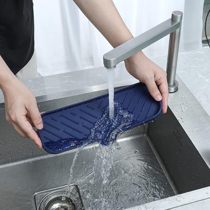 MicoYang Silicone Soap Dish with Drain Spout — Self-Draining Double Sink Organizer Tray for Kitchen & Bathroom, Dispensers, Sponges & Soap Holder, Non-Slip & Dishwasher Safe, Navy Blue (Large, 12"×4")