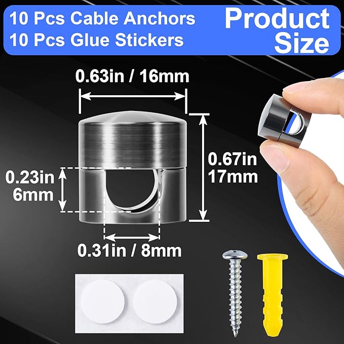 10 Sets Charger Holders for Cords, Black Color Adjustable Cable Anchor Holders, Adhesive Metal Cord Clips, Cable Management Wire Organizers for Desk, Office, Nightstand