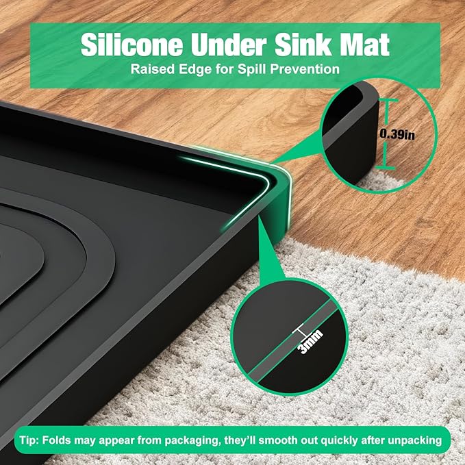 Aisslro Under Sink Mat 31" X 22", Waterproof Silicone Under Sink Mats for Kitchen, Anti-Leak Shelf Liner & Cabinet Protector with Raised Edge, [BPA Free] Bathroom Tray Home Organizer, Black