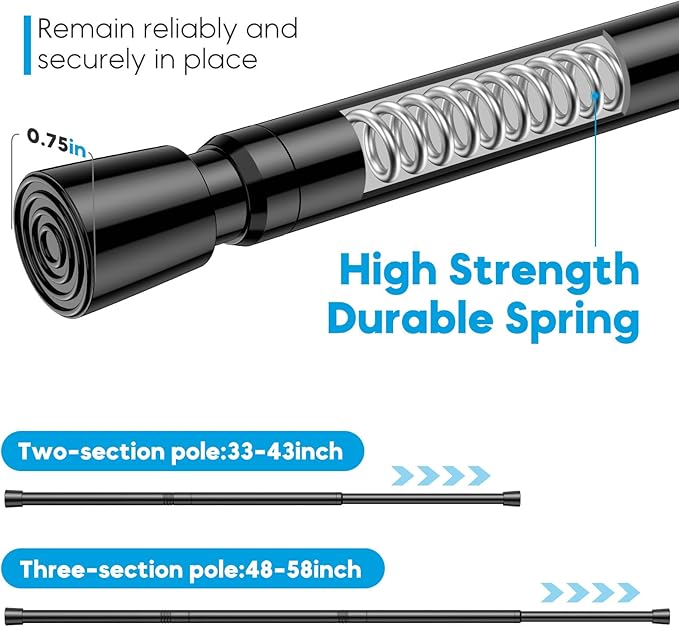 AIZESI Spring Tension Curtain Rod 32 to 58 inch Adjustable Curtain Rods No Drilling Expandable Spring Loaded Curtain Rod for Windows Doors, Black