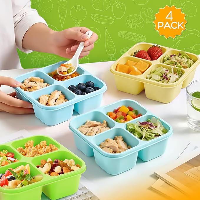 Bento Box Adult Lunch Box- 4 Pack,4 Compartment Snack Containers Reusable Meal Prep Stackable BPA-Free Lunch Containers for Home, Work, Travel (4 Color)