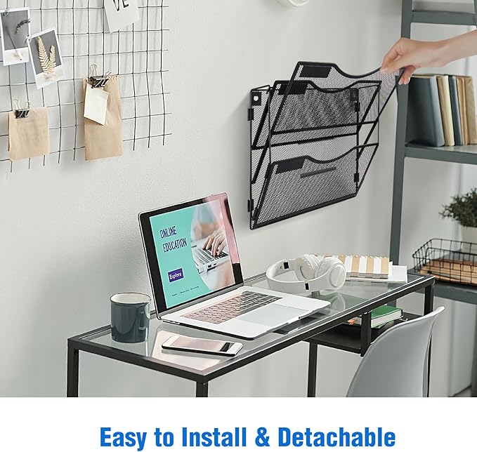 BOHDK Wall File Organizer 3 Pockets, Mail Organizer, Hanging Folder Holder, Foldable | Hanging or Wall Mounted | Label Panel | 2 Hooks | Office Home School Organizer, Black