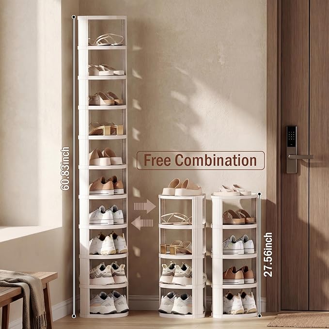 Vertical Shoe Rack, 10-Tier Stackable Narrow Shoe Rack Organizer for Entryway Closet Corner, Free Standing Shoe Rack Tower Shelf, Space Saving, Curved, Off White