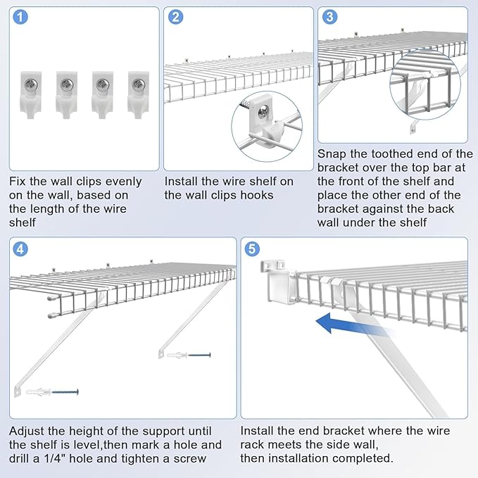 12 Inch Wire Shelf Brackets Set, 6 Pack Metal White Closet Support Bracket with End Brackets & Clips for Wire Shelving Wall Bracket Installation, Support Wire Closet Shelves Racks (6 Pack)