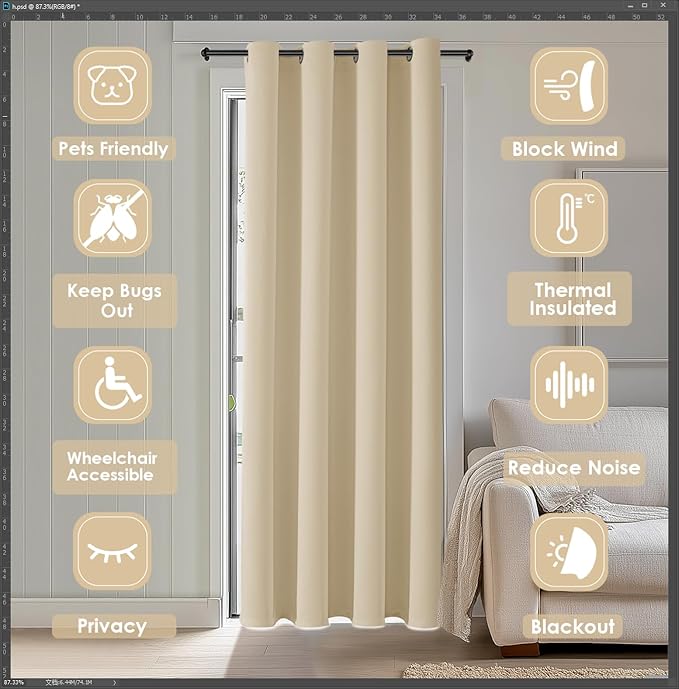 ChrisDowa Blackout Curtains 80 Inches Long for Doorways and Closets, Thermal Insulated Temporary Room Dividers (1 Panel, Biscotti Beige, 42 x 80 Inch)