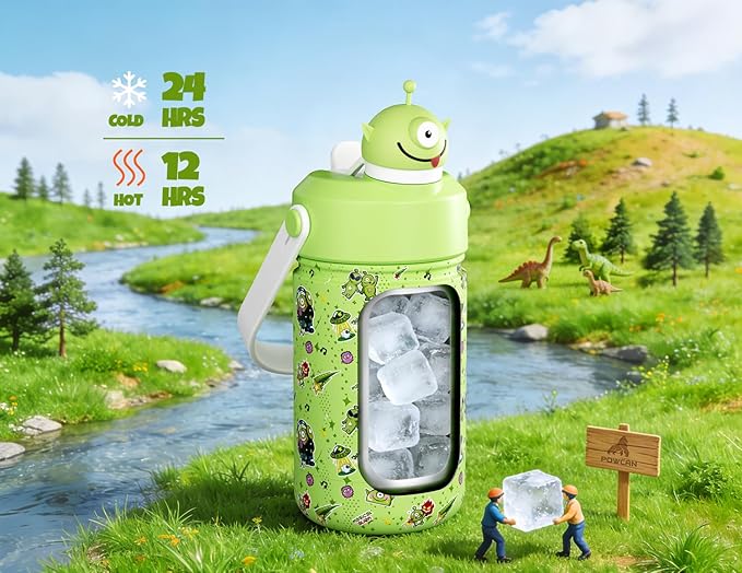POWCAN 12 oz Insulated Water Bottle for School: 2-in-1 Straw Spout Lid with Soft Animal Head, BPA-Free, Leakproof, Keep Cold 24H, Easy Carry, Stainless Steel Cup for Boys, Girls, Kids (Alien Party)