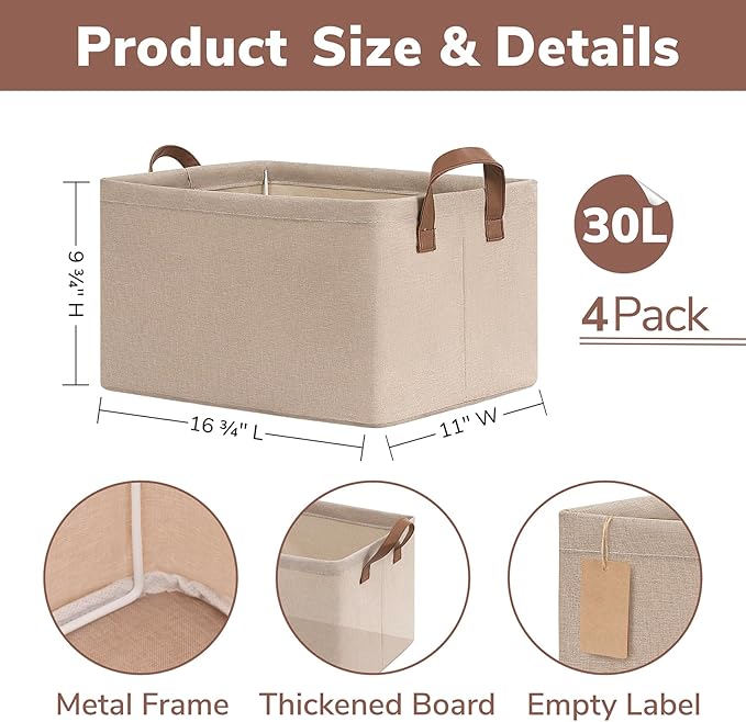 CHICVITA Storage Baskets for Shelves, Large Fabric Organizer Bins with Handles, Closet Organizers and Storage for Living Room, 16 ¾" L x 11" W x 9 ¾" H, Brown, 4-Pack