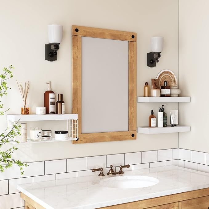 QEEIG Bathroom Shelves Over Toilet - Wall Mounted Floating Shelves Toilet Paper Storage Small Farmhouse Decor Shelf 16 inch Set of 3, White (019-W3)