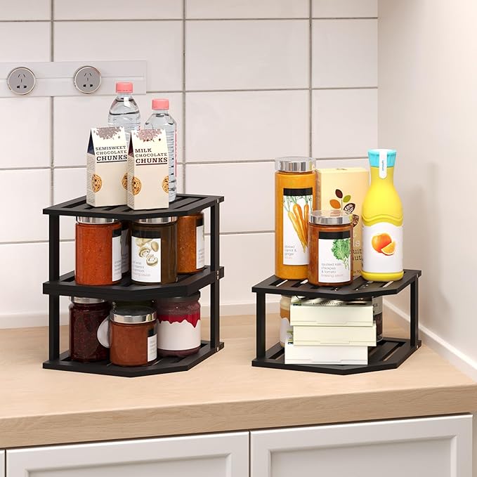 Bamboo Corner Shelf(3 Pack),2 Tier Plate Organizer for Cabinet and Countertop,Pantry Dish and Spice Rack for Kitchen(Black)