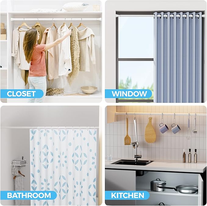 Shower Curtain Rod Spring Tension Rod 30 to 64 Inches 2PCS, Spring Tension Curtain Rod White Expandable for Window Wardrobe Doorway Kitchen