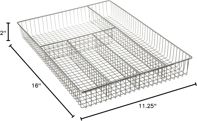 Spectrum Large Wire Silverware Drawer Organizer Satin Nickel 5 Compartment Grid Utensil Holder for Flatware Cutlery Drawer Organization, 11 In Wide Metal Wire Utensil Organized Divider Tray Drawer