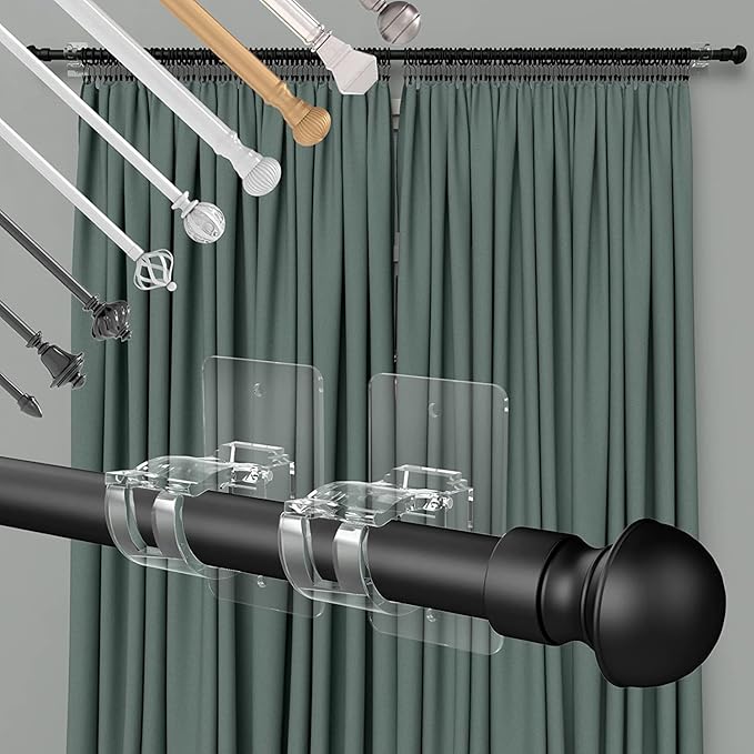 CIEMGNZOC 2PCS No Drill Curtain Brackets, Self-Adhesive Rods, Adjustable Curtain Hooks for Rods Under 1.57 Inch (Transparent)