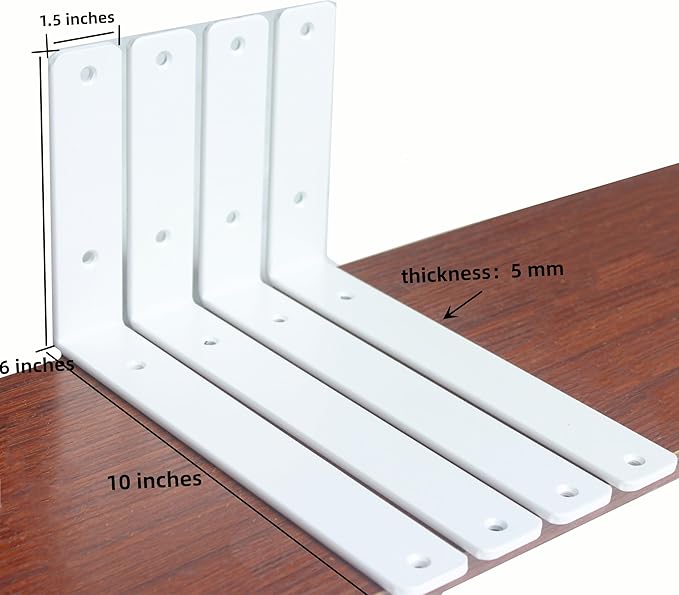 10 Pack - L 10" x H 6" x W1.5, 5mm Thick White L Shelf Bracket, Iron Shelf Brackets, Metal Shelf Brackets, Floating Shelf, Shelf Supports with Screws