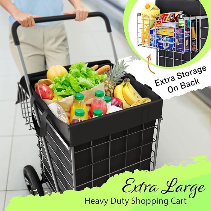 Our Modern Space Shopping Cart w/Waterproof Basket Liner & 360° Swivel Wheels | Foldable Collapsible & Lightweight | Perfect for Groceries Laundry Utility Cart - Silver