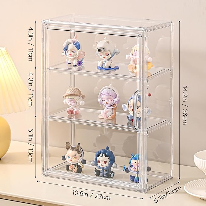 2 Pack 3 Tier Clear Display Case for Figures, Wall-Mounted Acrylic Storage Organizer Box, Stackable Display Cabinet with Magnetic Door & Removable Shelves, Showcase for Collectibles, Figures